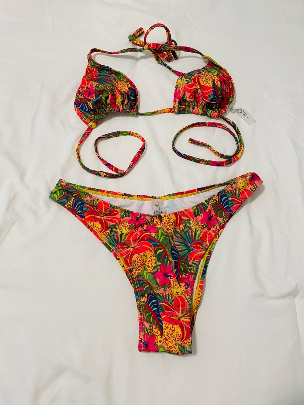 Tropical Floral Tie-String Bikini Set - Bright Multi